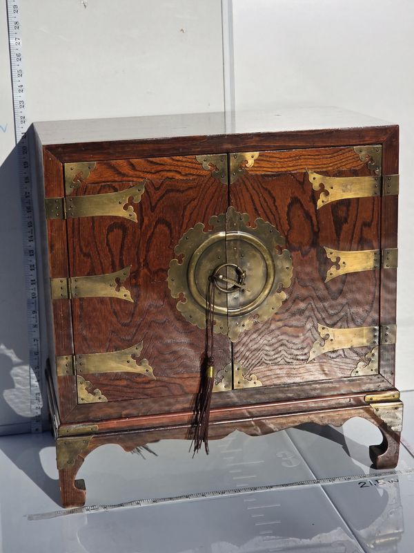 Brass Asian Wood Cabinet Chest
