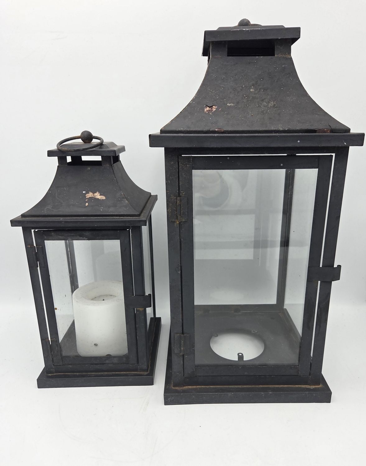 Pair of Black Metal &amp; Glass Candle Lanterns