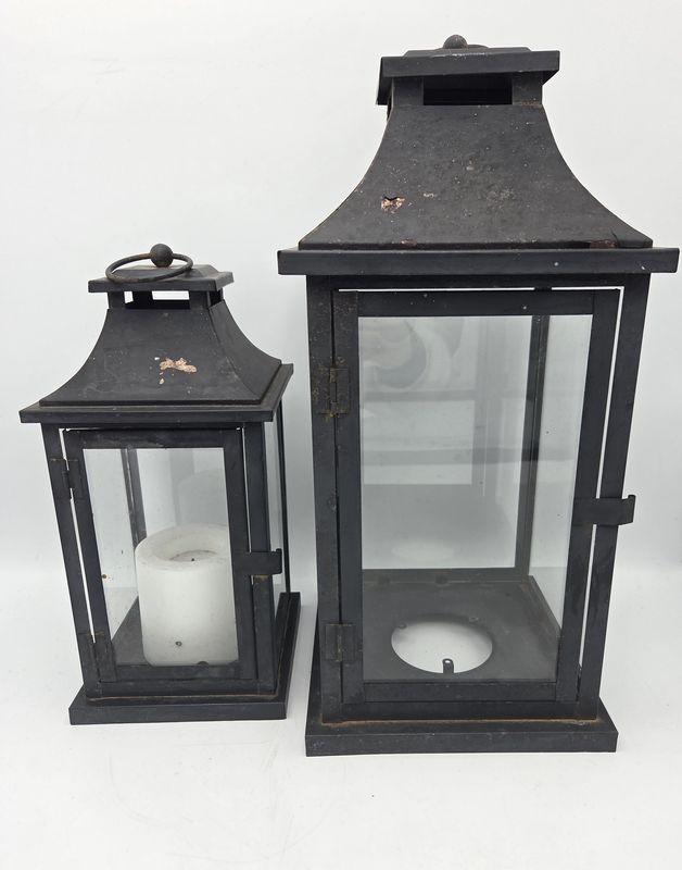Pair of Black Metal &amp; Glass Candle Lanterns