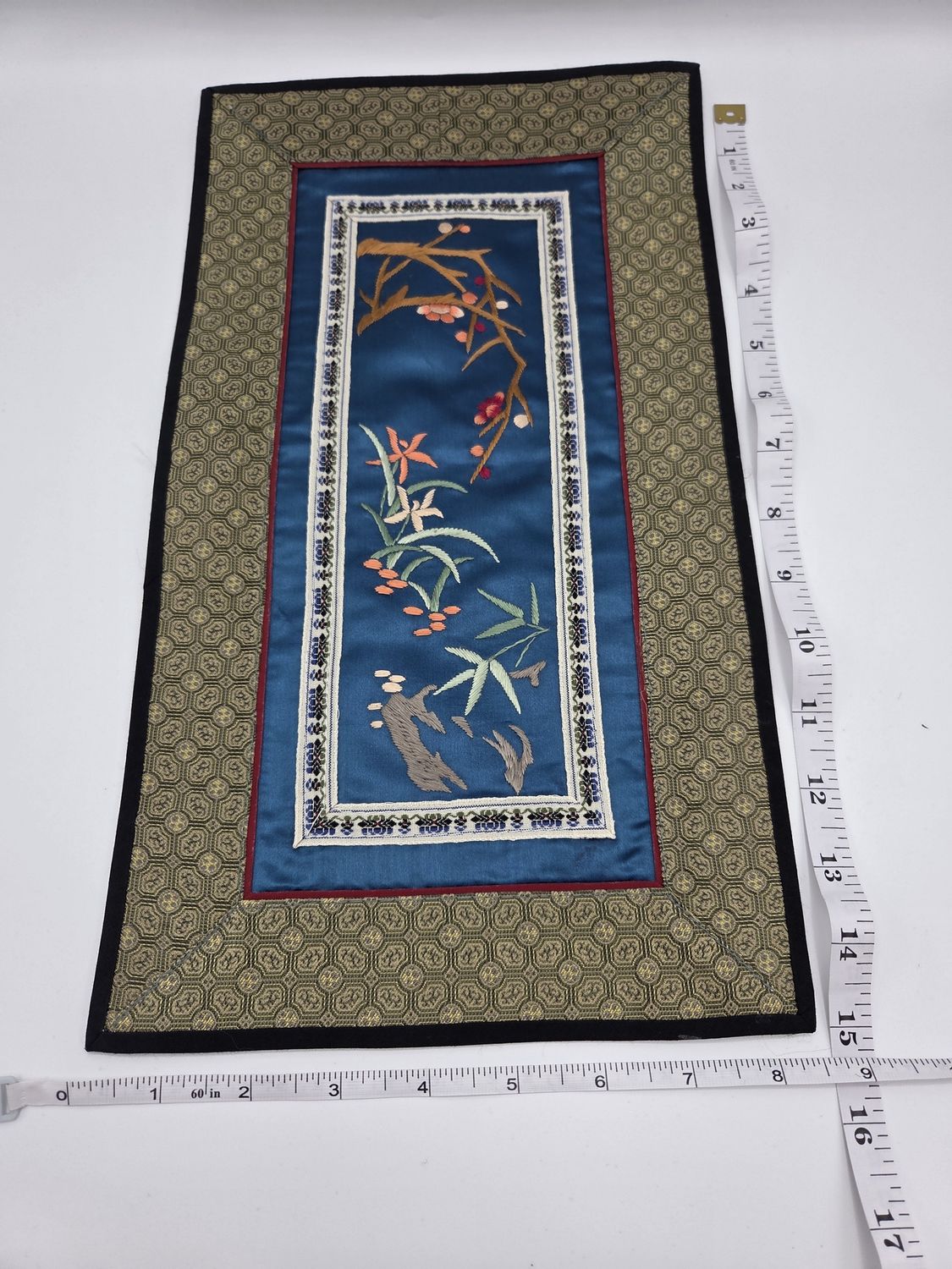 Silk Embroidered Botanical Panel on Blue