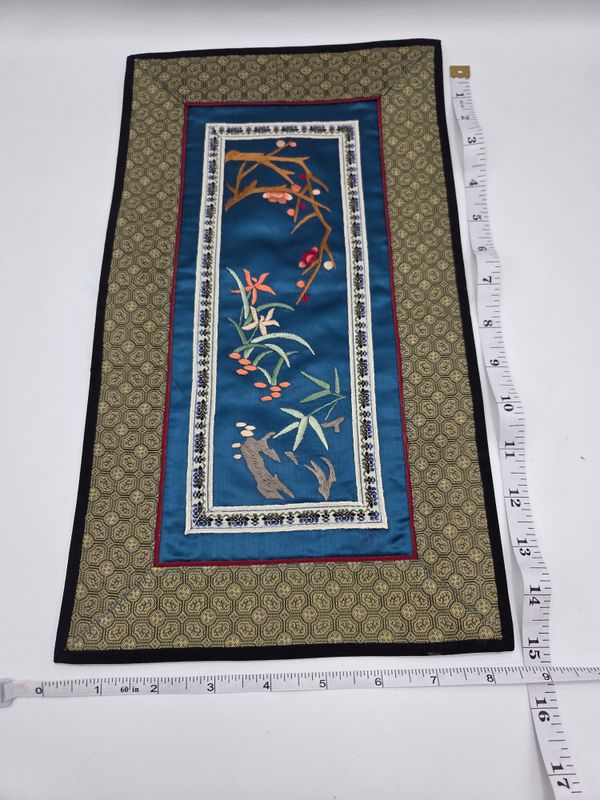 Silk Embroidered Blue Botanical Panel