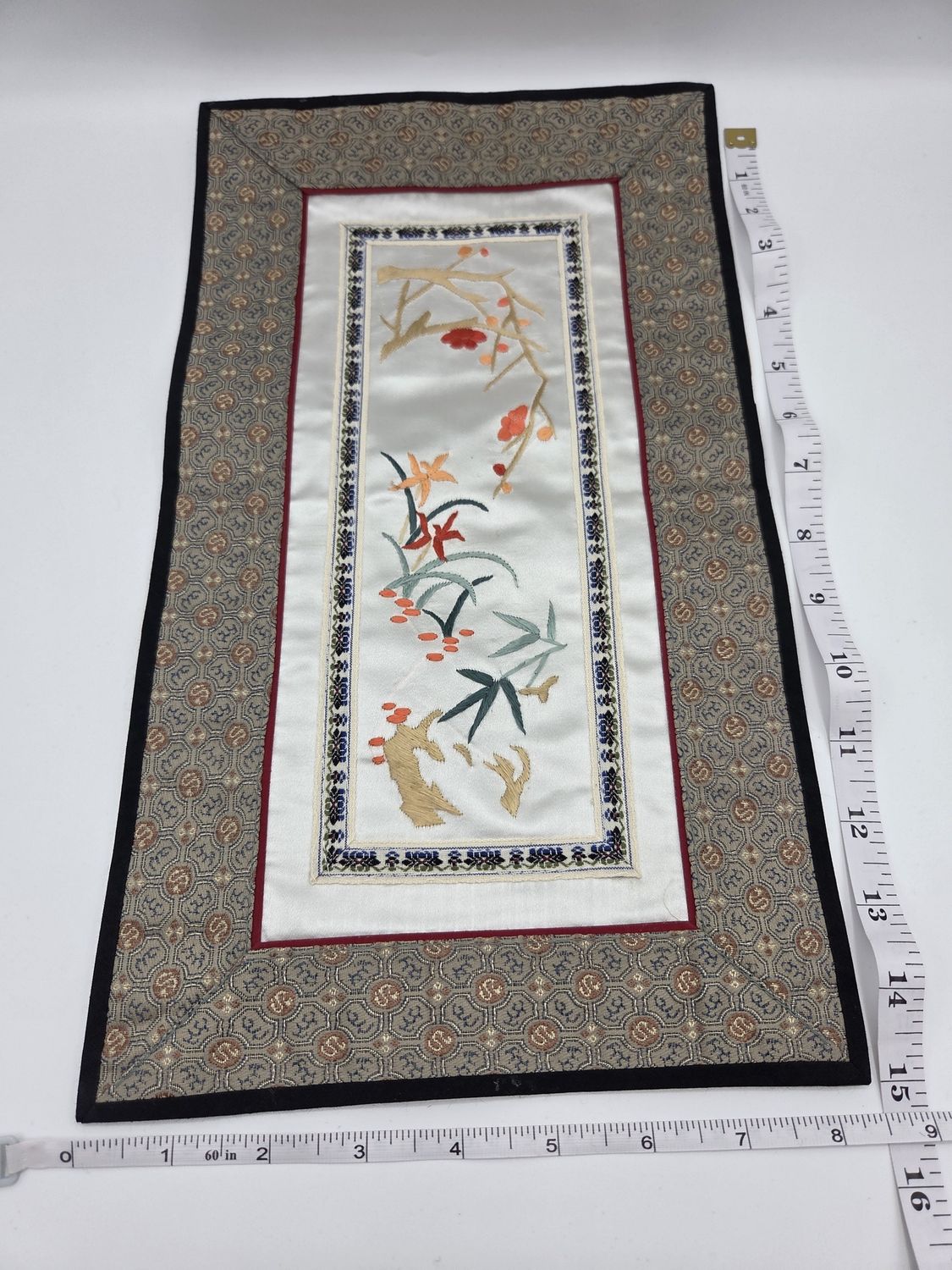 Silk Embroidery Ivory Floral &amp; Bamboo Panel