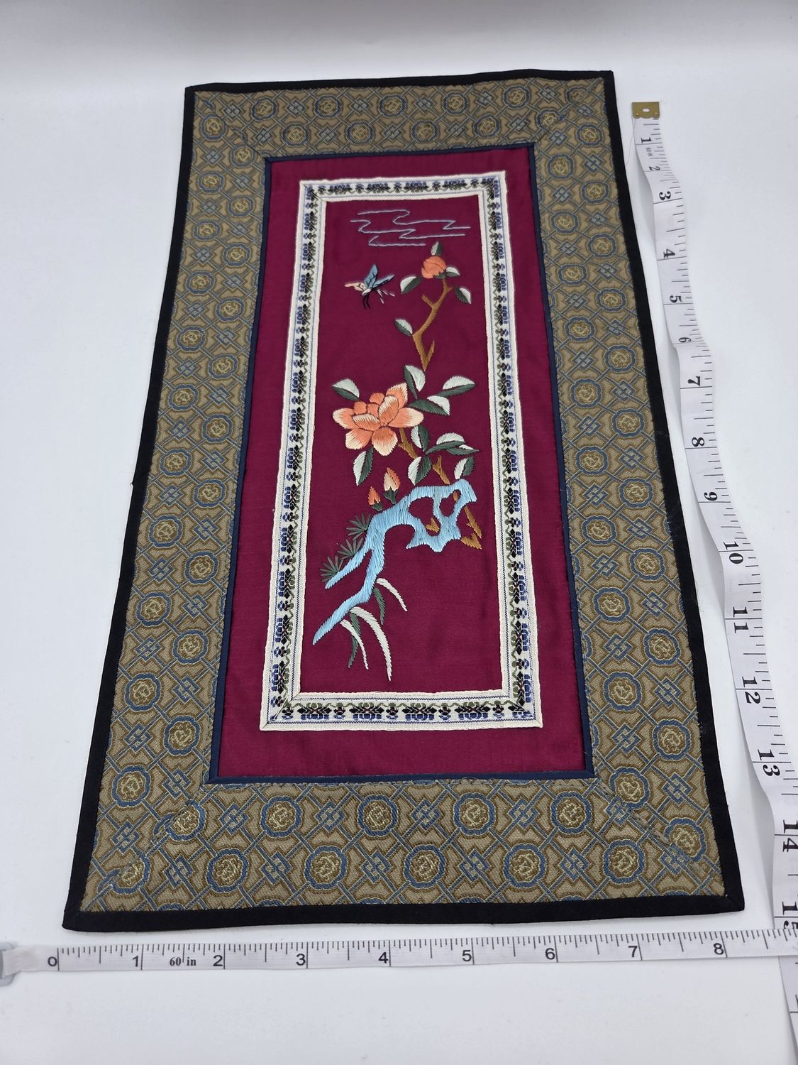 Silk Embroidery Red Floral &amp; Butterfly Panel