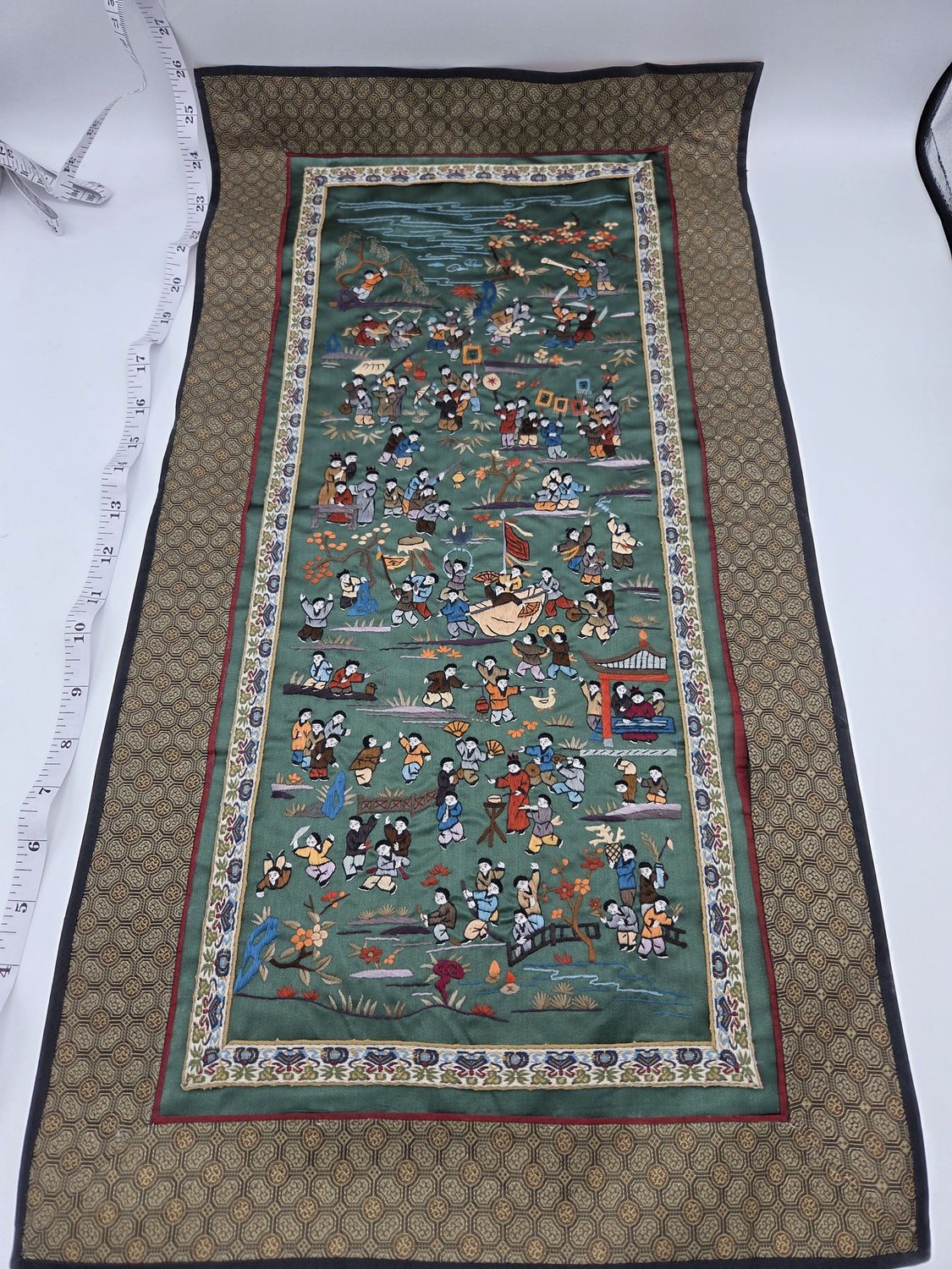 Silk Embroidered Green Festival Scene Panel