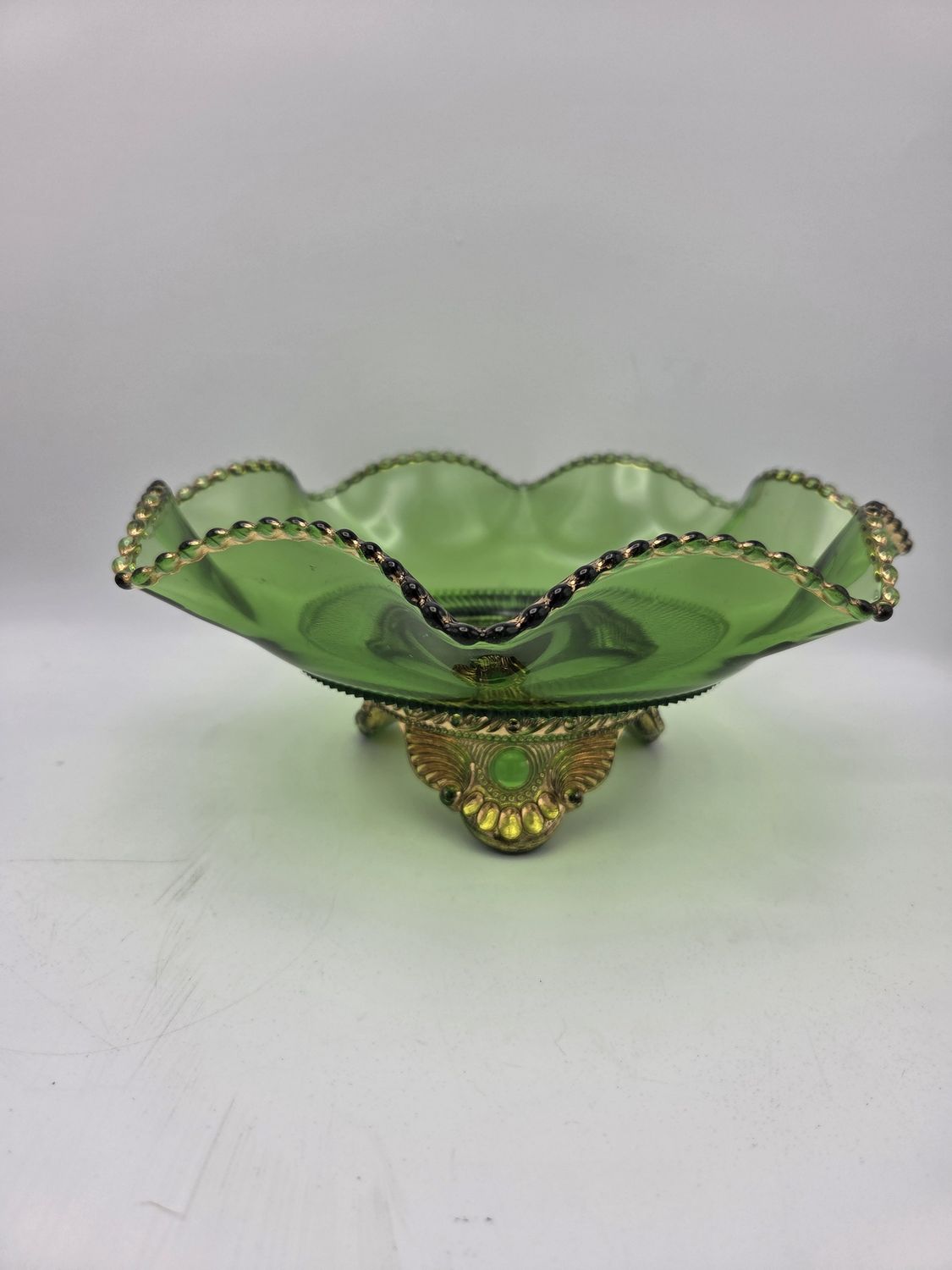 Antique EAPG Green Ruffled Glass Bowl