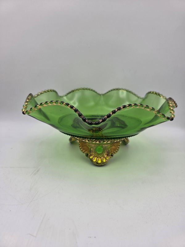 Antique EAPG Green Ruffled Glass Bowl