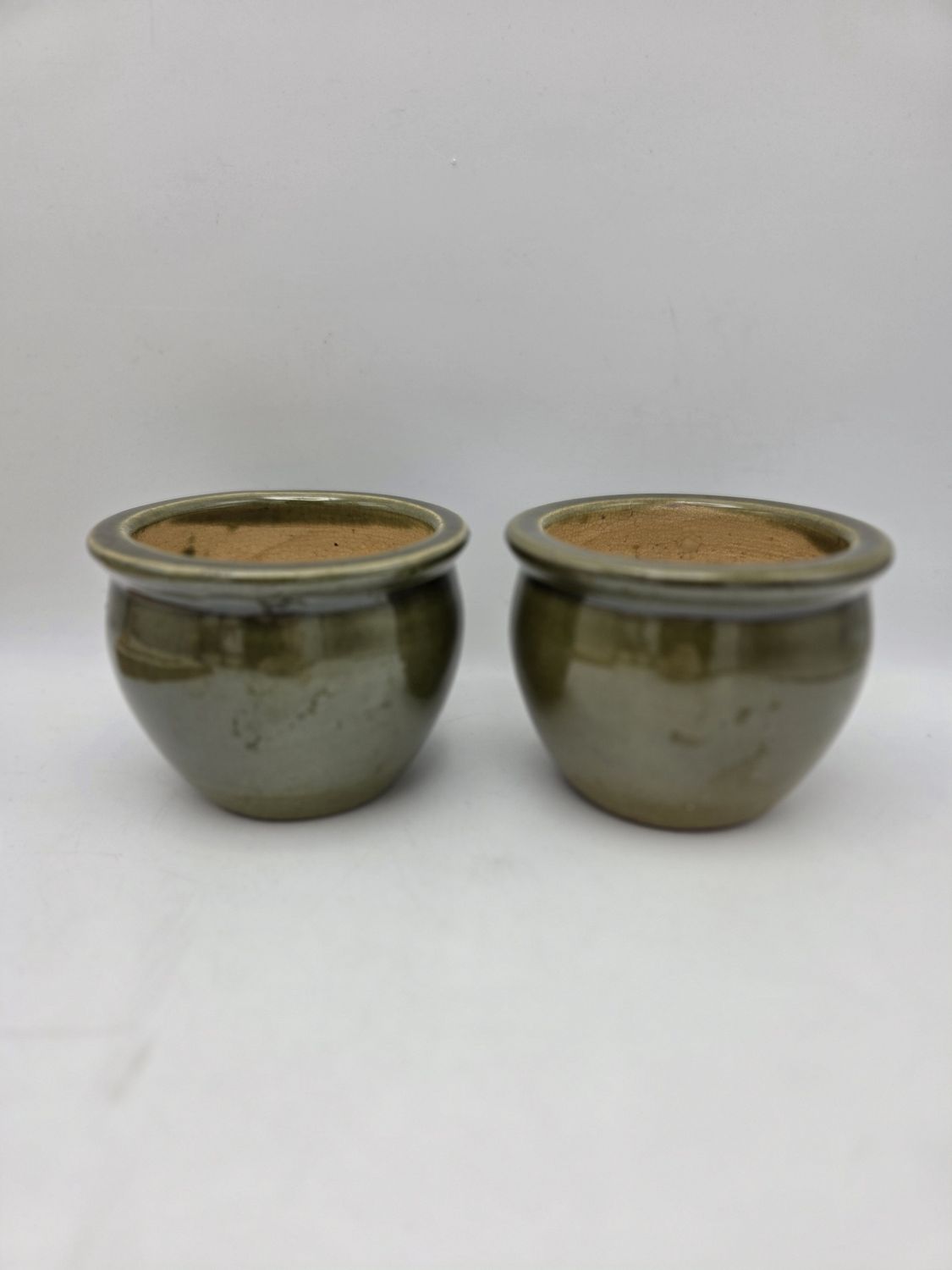 2 Vintage Olive Green Glazed Planters
