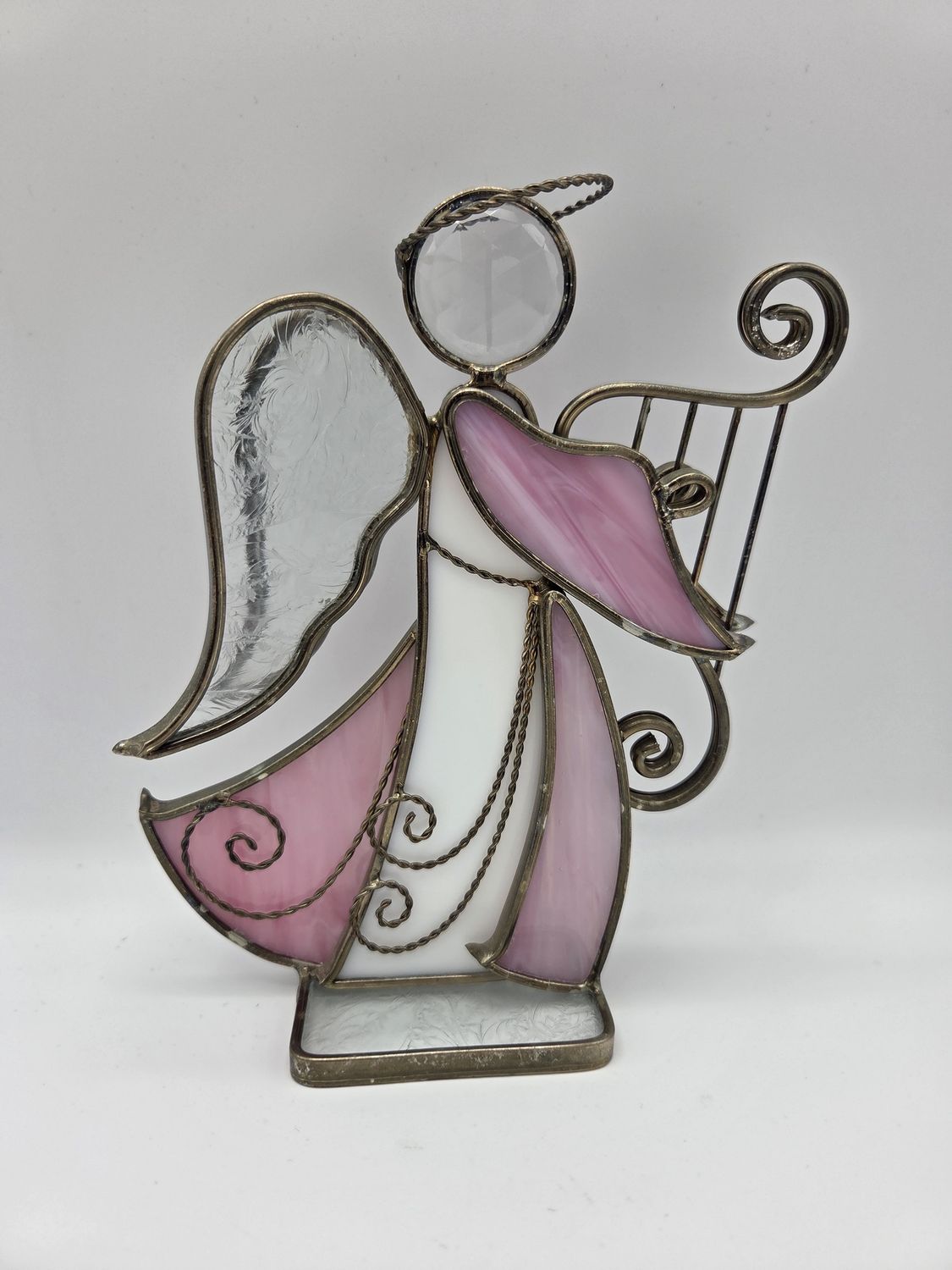 Pink Stained Glass Angel Harp Figurine