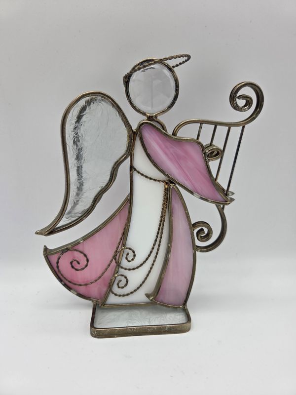 Pink Stained Glass Angel Harp Figurine