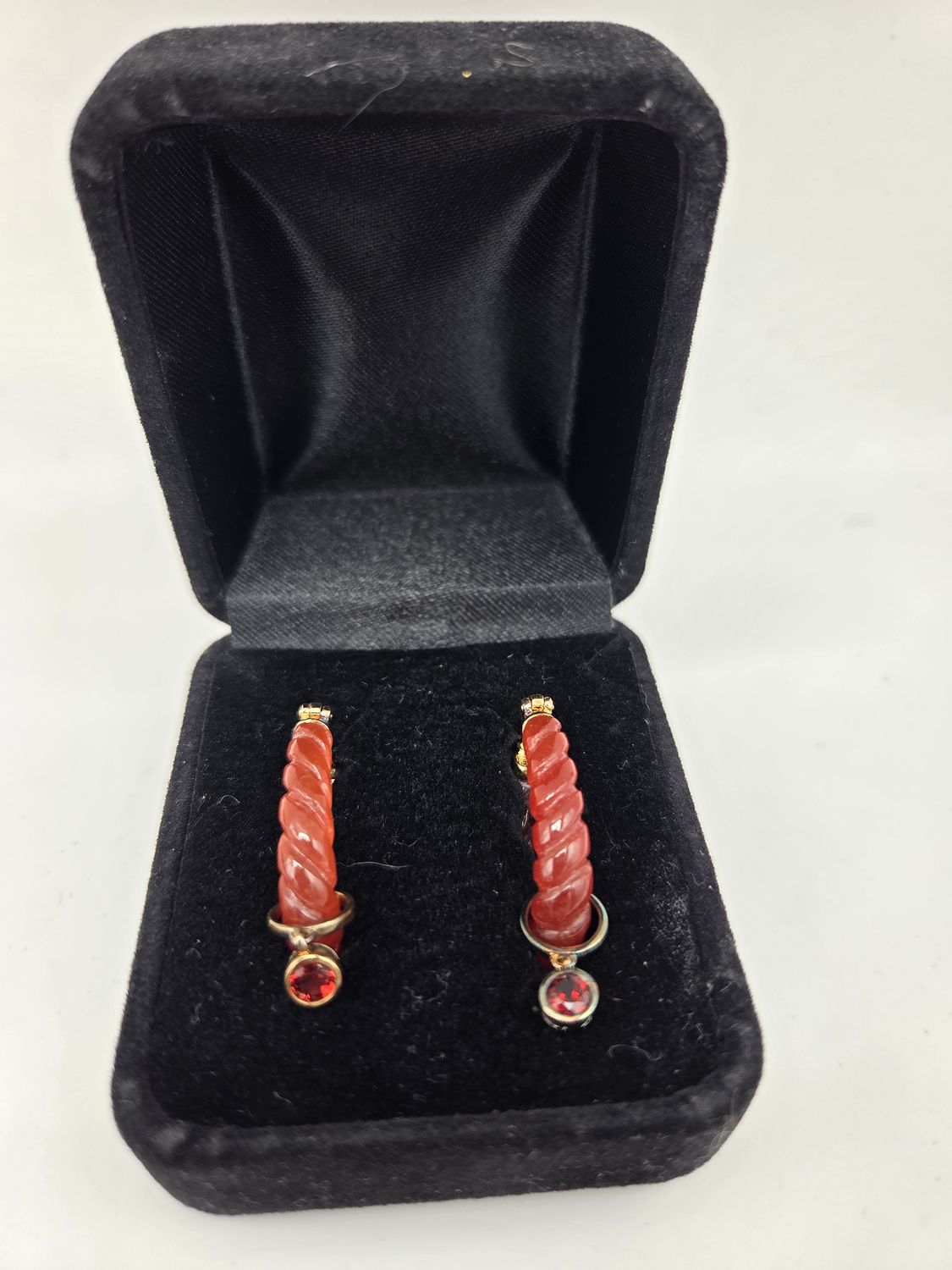 Carved Red Lucite Hoop Earrings