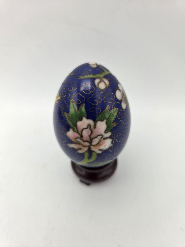 Vintage Blue Floral &amp; Bird Cloisonne Egg