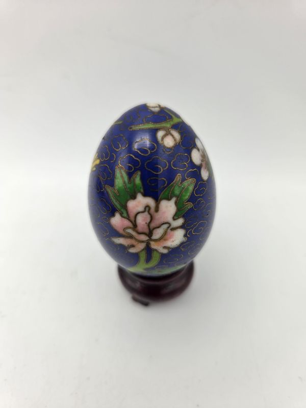 Vintage Blue Floral &amp; Bird Cloisonne Egg