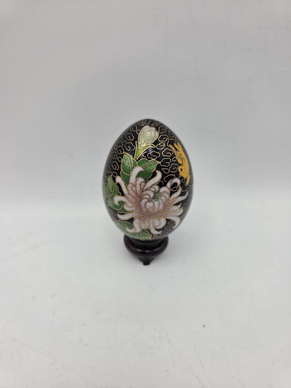 Black Floral Enamel Cloisonne Egg on Stand