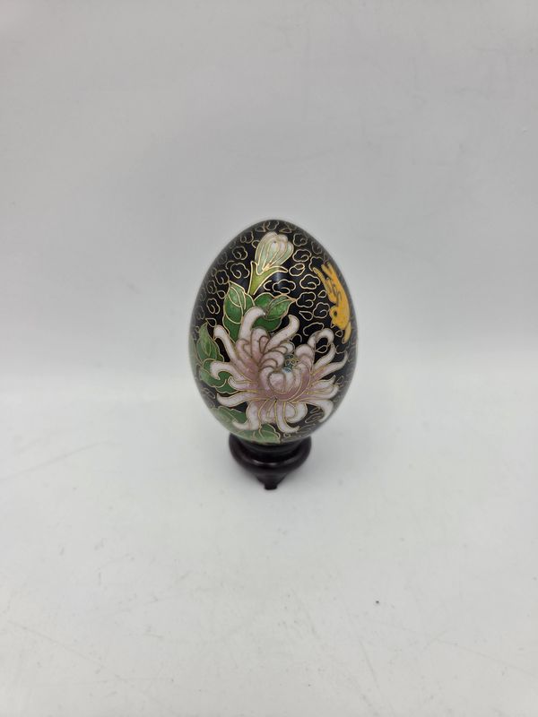 Black Floral Enamel Cloisonne Egg on Stand