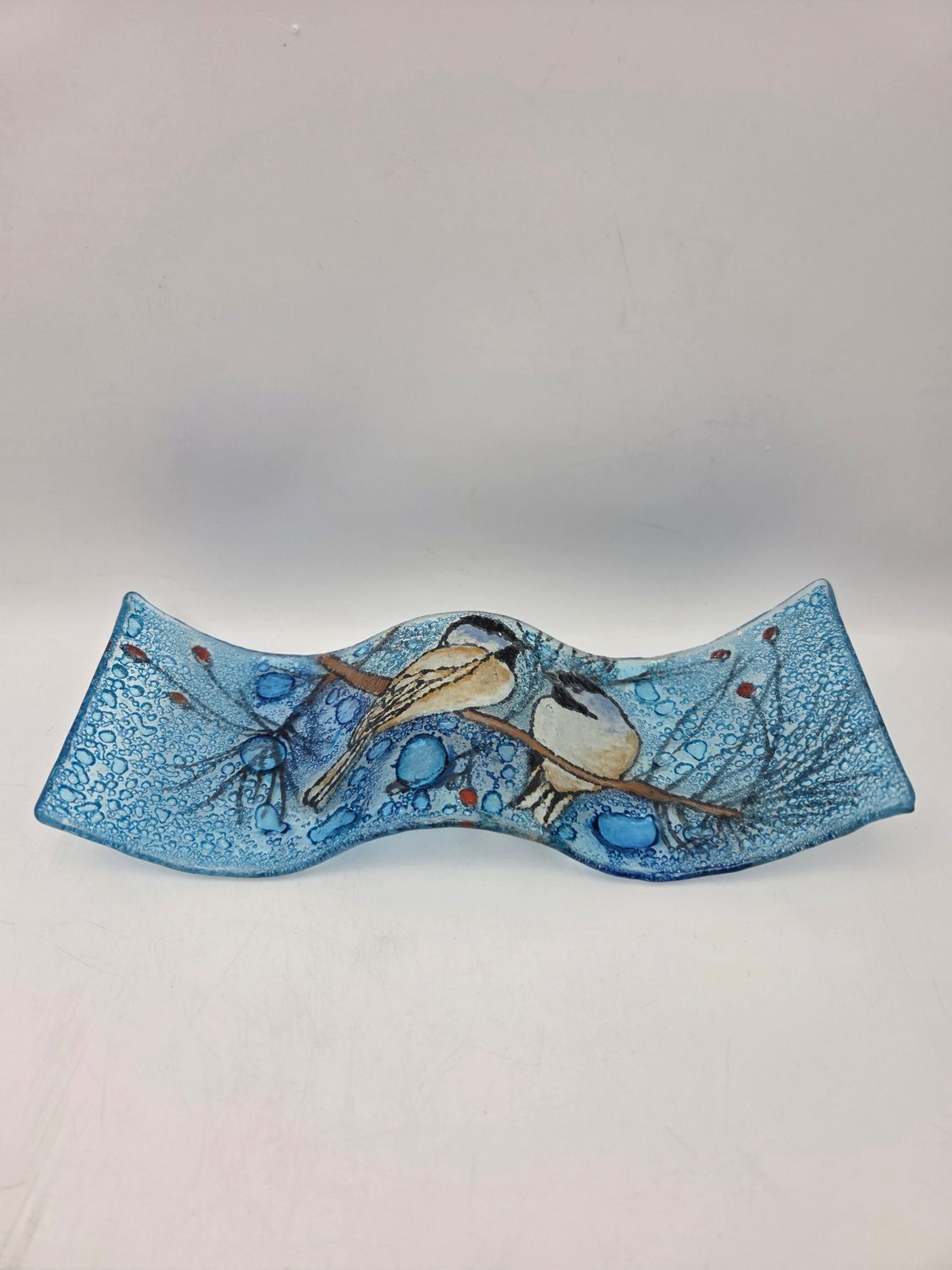 Chickadee Fused Art Glass Wave Tray