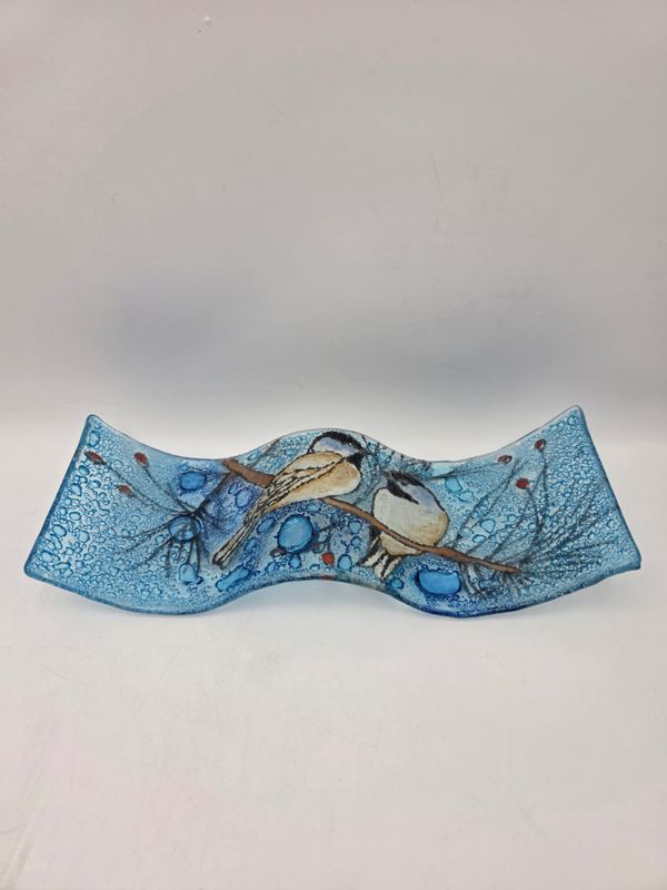 Chickadee Fused Art Glass Wave Tray