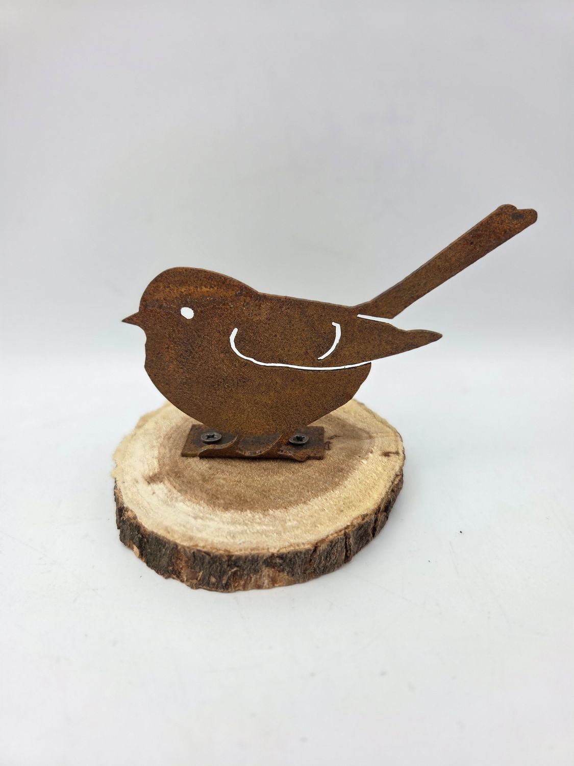 Metal Bird Figurine Natural Wood Slice