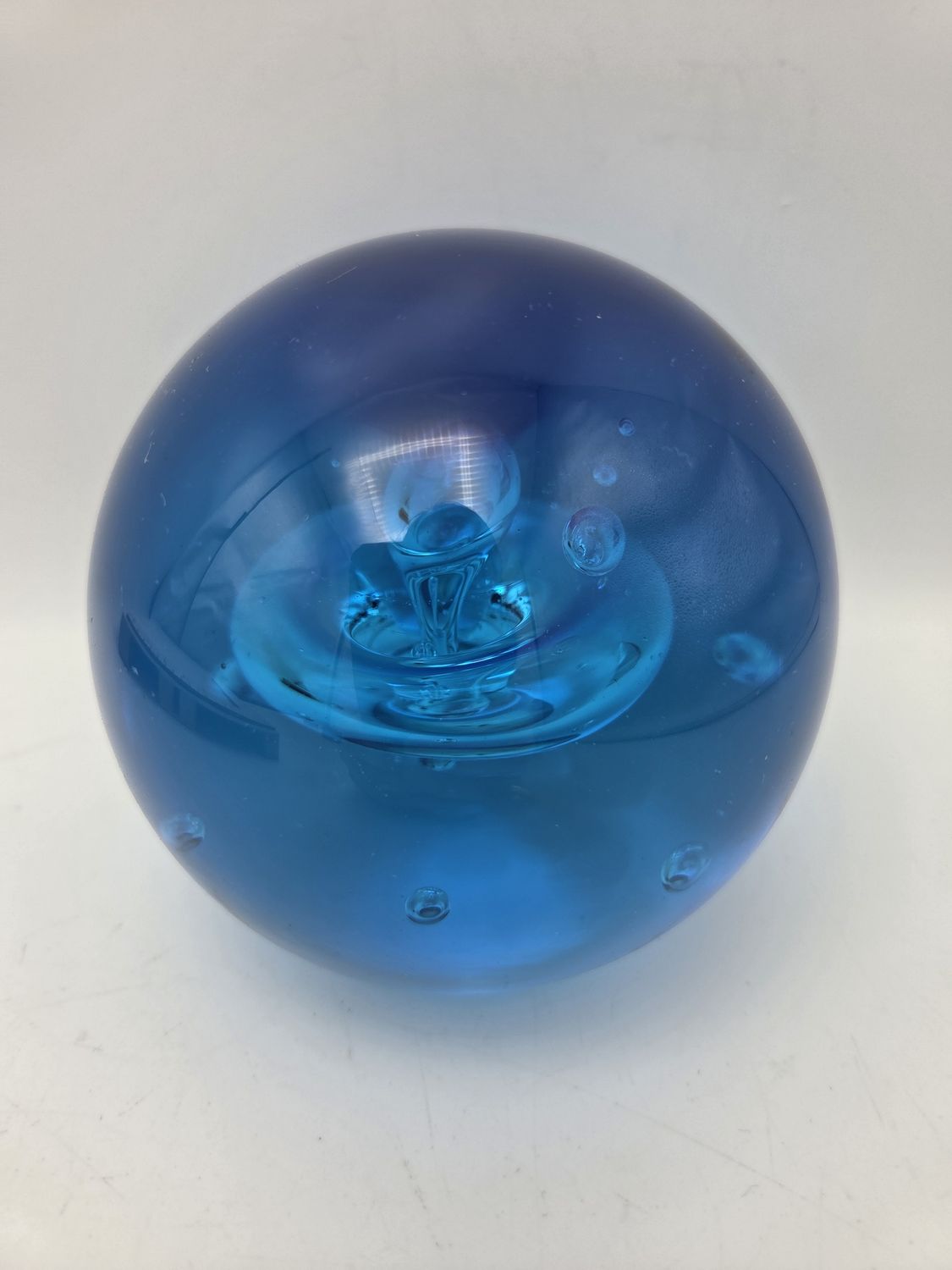 Blue Controlled Bubble Art Glass Paperweight