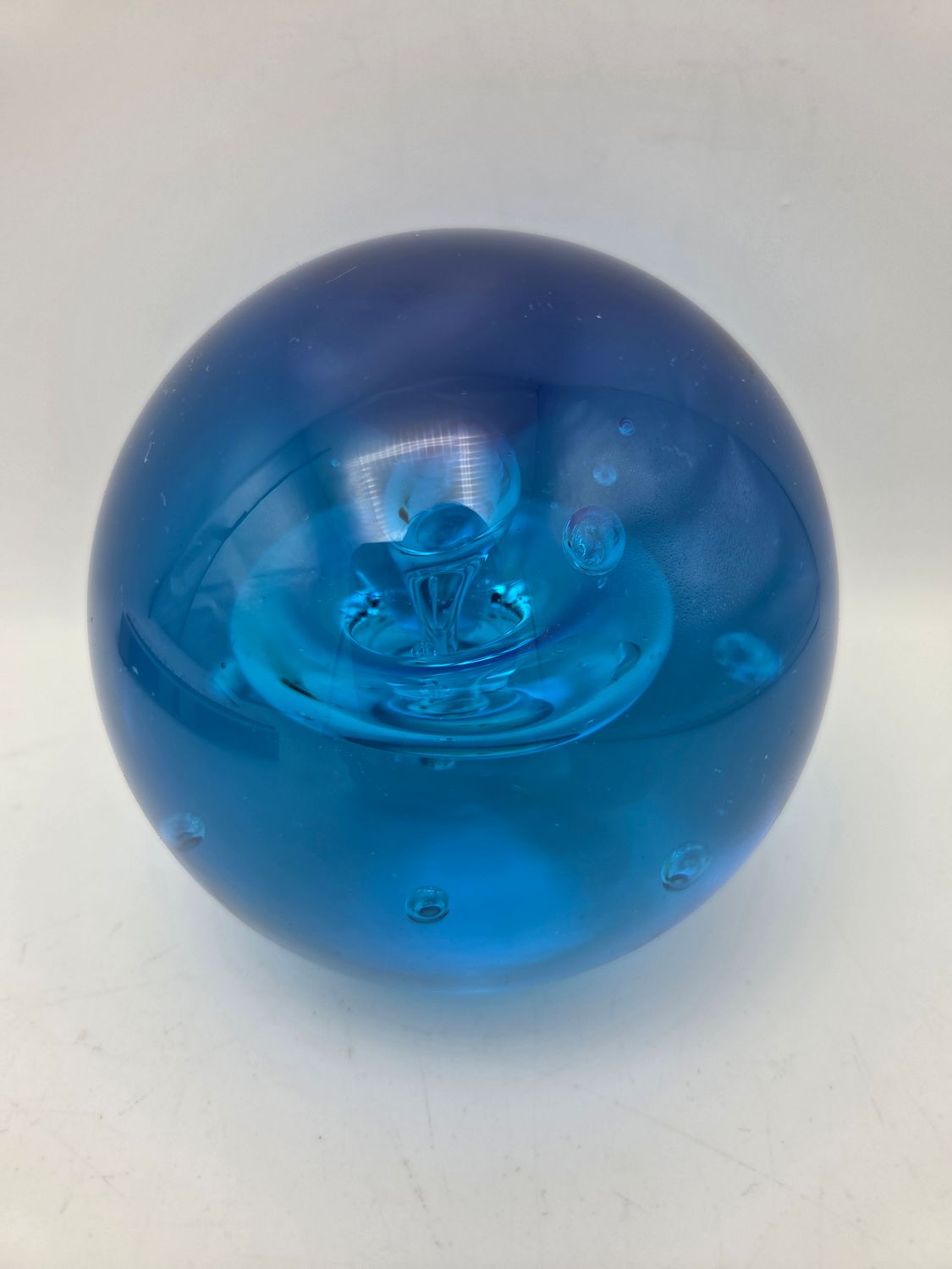 Blue Controlled Bubble Art Glass Paperweight