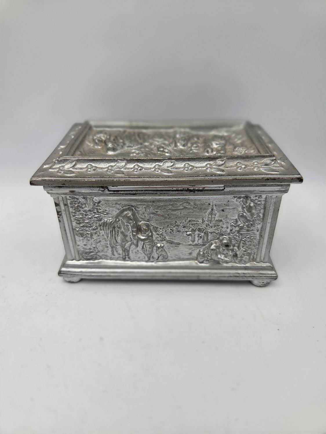Raised Pastoral Scene Silver Jewelry Box