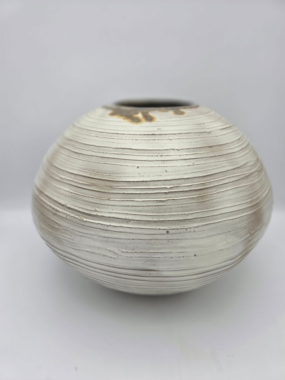 Signed White Ribbed Ceramic Bowl Vase