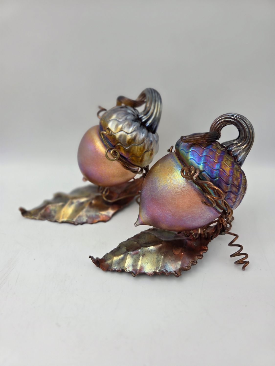 Pair of Iridescent Metal Acorn Leaf Base