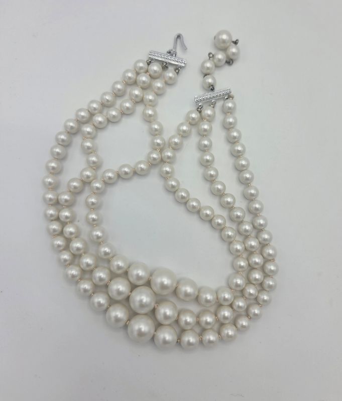 Graduated White Pearl Triple Strand Necklace