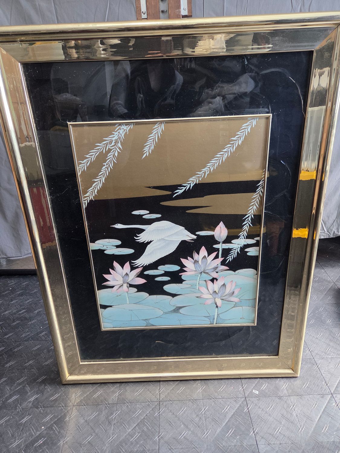 Vintage Crane &amp; Pond Framed Art
