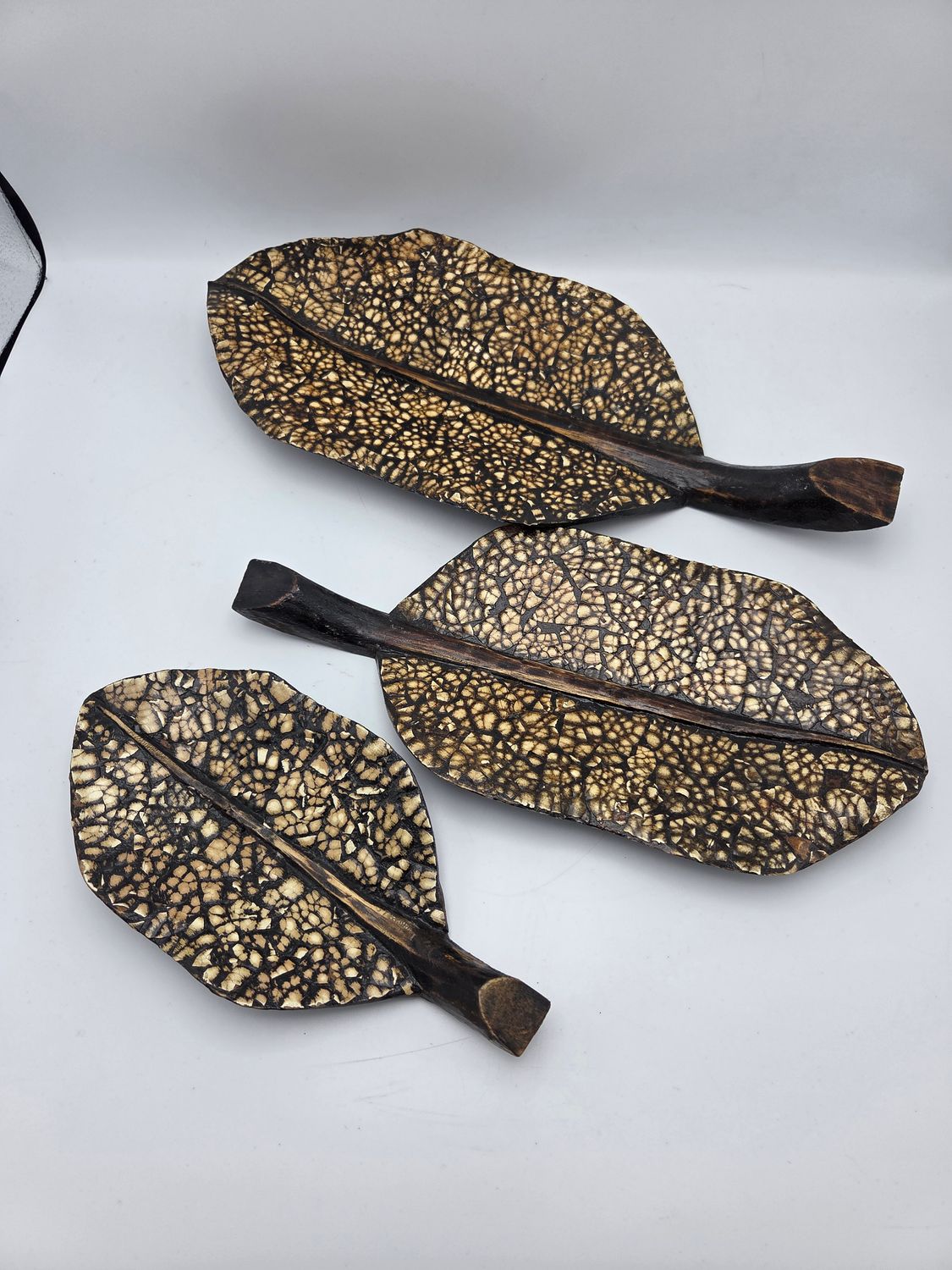 3 Hand-Carved Leaf-Shaped Wood Trays