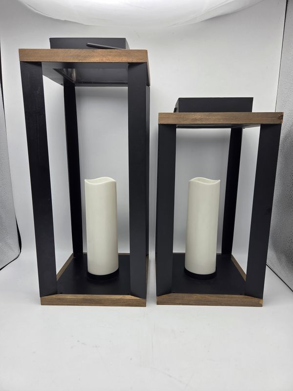 2 Metal &amp; Wood LED Candle Lanterns
