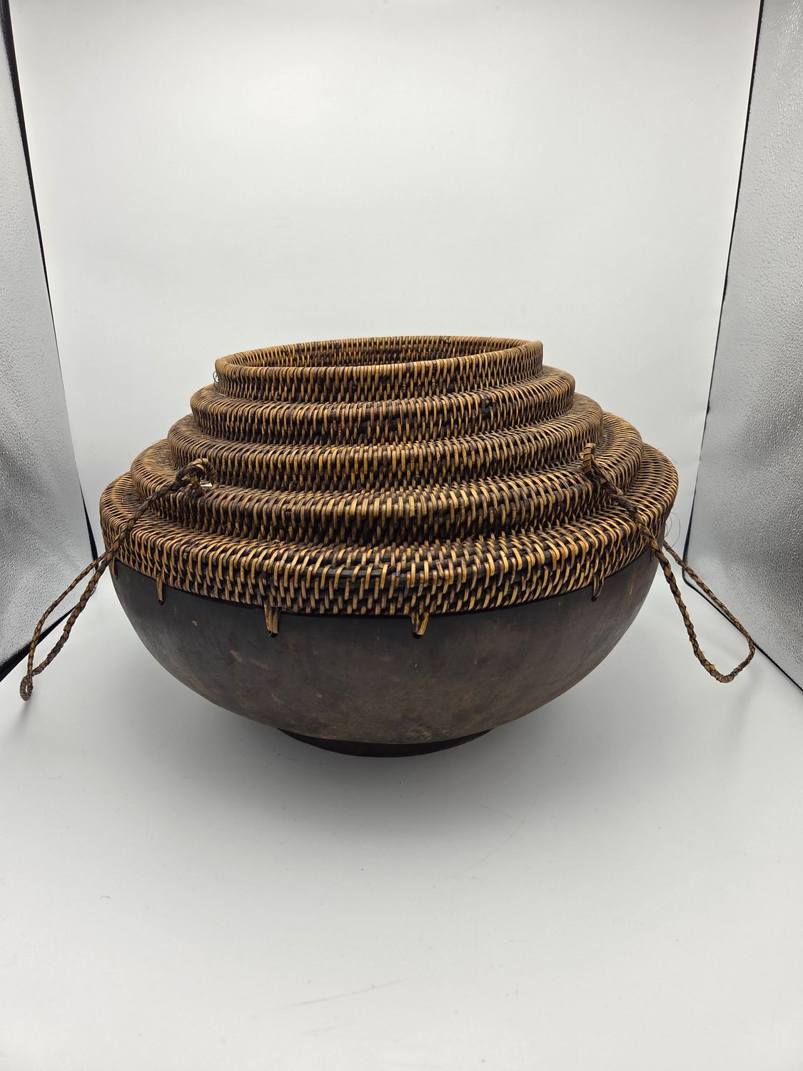 Woven Fiber &amp; Wood Basket Bowl