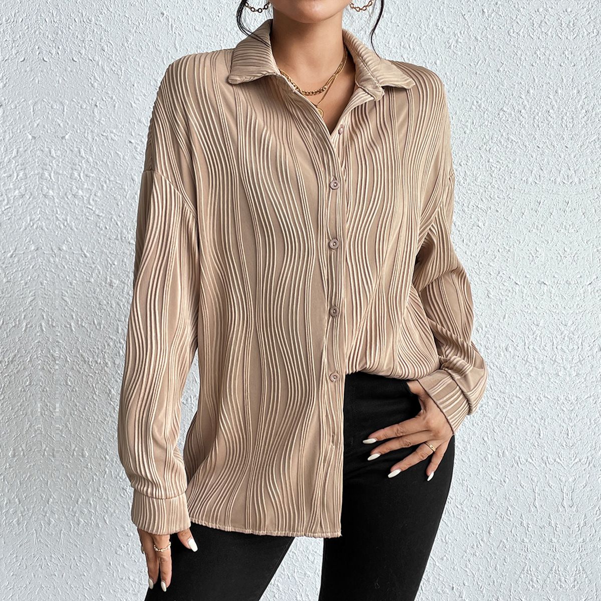 Fold Collar Button Texture Shirt