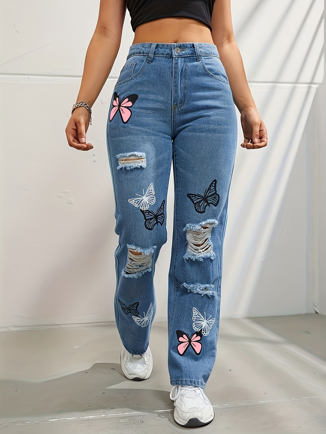 Butterfly Print Ripped Cut-out Jeans