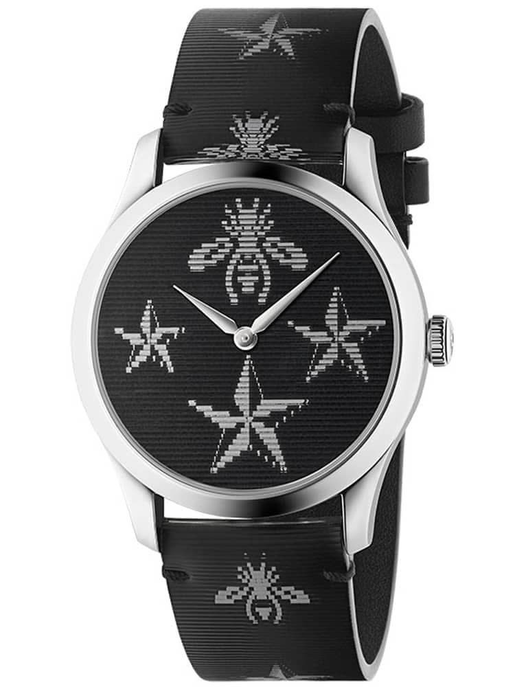 YA1264105 GUCCI  MONTRE ''G-TIMELESS'' FOND NOIR AVEC ÉTOILS + ABBEILLE, ACIER CUIR ET CAOUTCHOUC NOIR, QUARTZ