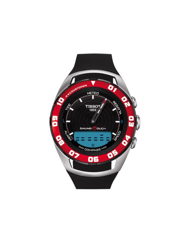 TISSOT HOMME "SAILING TOUCH", FOND NOIR, ÉCRAN BLEU, DIAL ROUGE, ACIER/CAOUTCHOUC NOIR