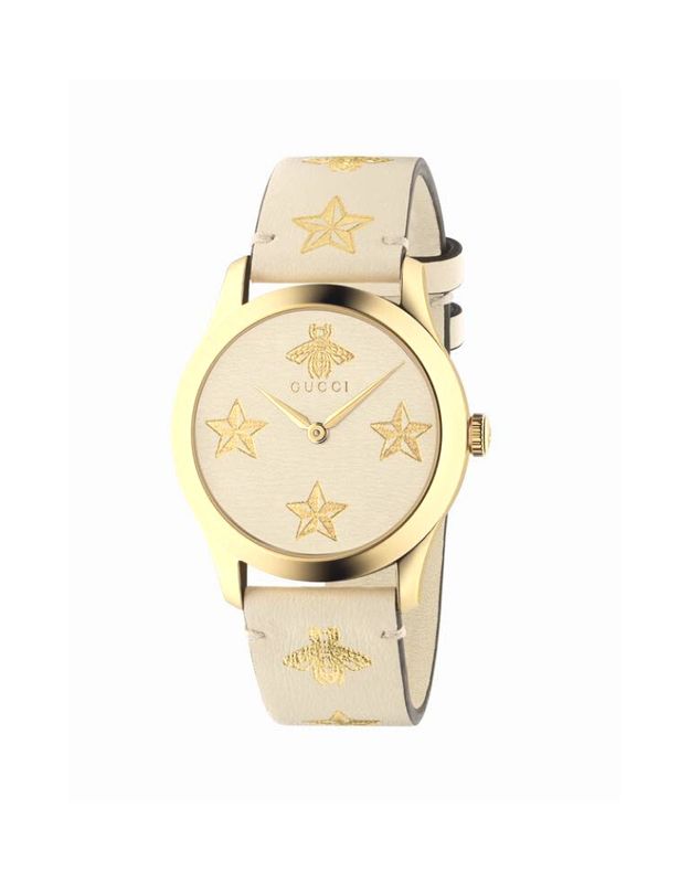 YA1264096 MONTRE GUCCI POUR DAME G-TIMLESS ACIER PLAQUE OR AVEC CUIR ET FOND BEIGE