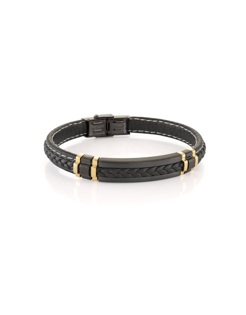 Bracelet acier inoxydable plaque or et cuir noir SLB476