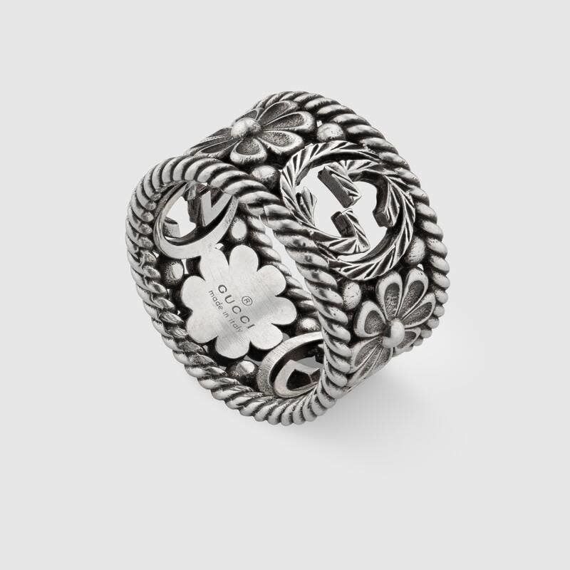 Gucci Interlocking G Ring 925 silver aged look with flower