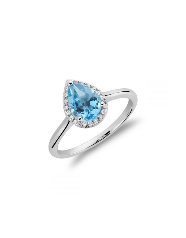 Bague dame 10k Or serti pierre semi précieuse et diamants  20=0.06ct I GH forme de poire  8x6 , Gemstones: Bleu Topaze Topaz blue, Gold Color: Blanc White