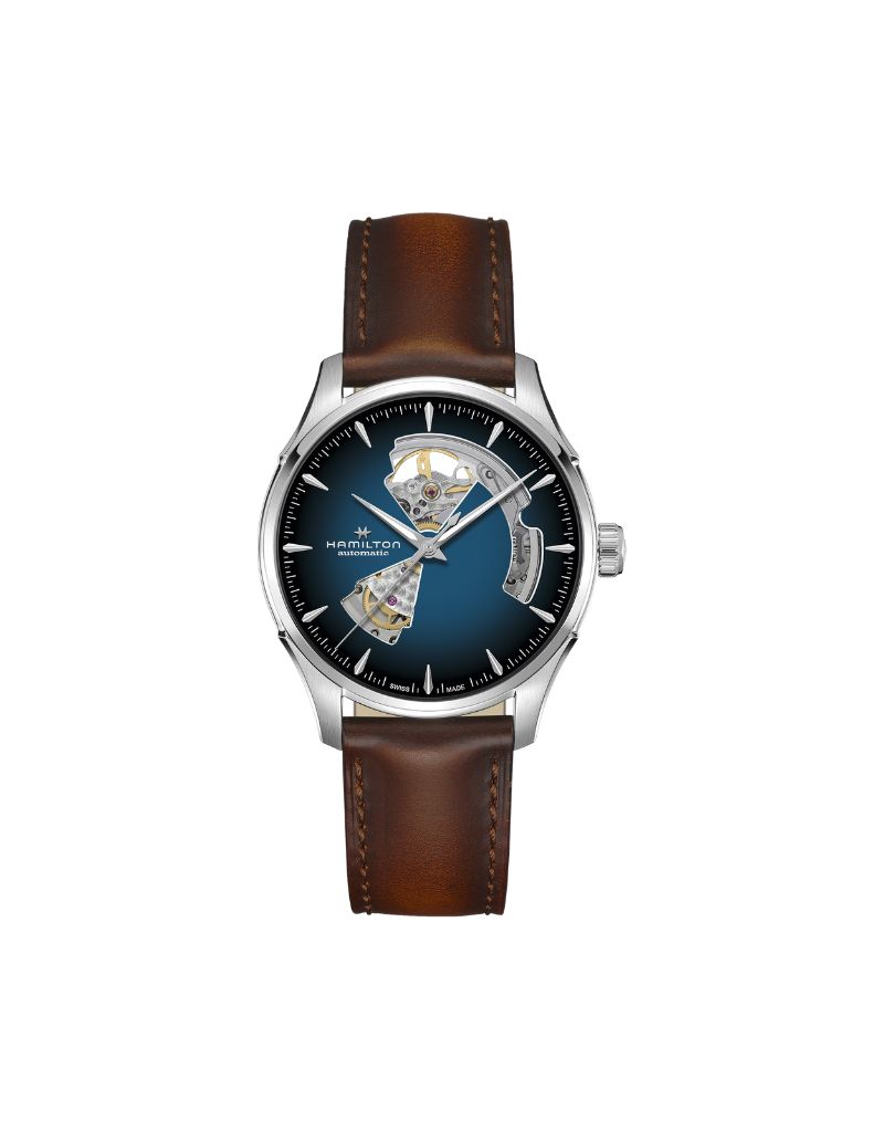 Hamilton montre homme jazzmaster open heart  acier inoxydable cuir brun automatique fond blue 40mm