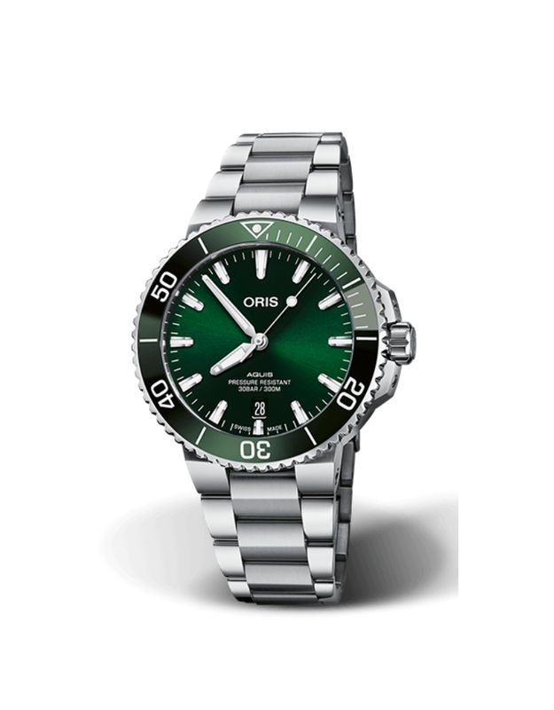 Oris montre Aquis date acier inoxydable lunette vert fond vert boitier 41.5mm