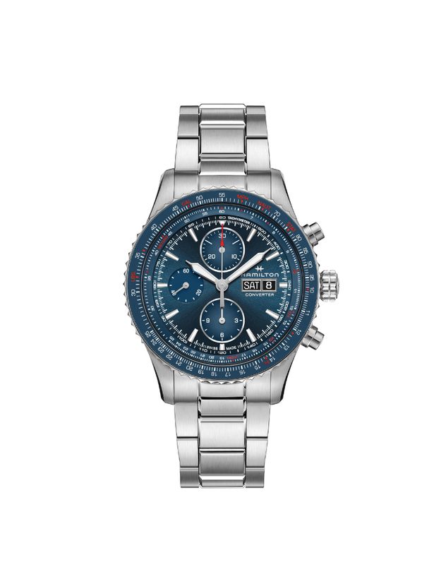 Montre Hamilton Khaki aviation chronographe mouvement automatique acier inoxydable fond blue