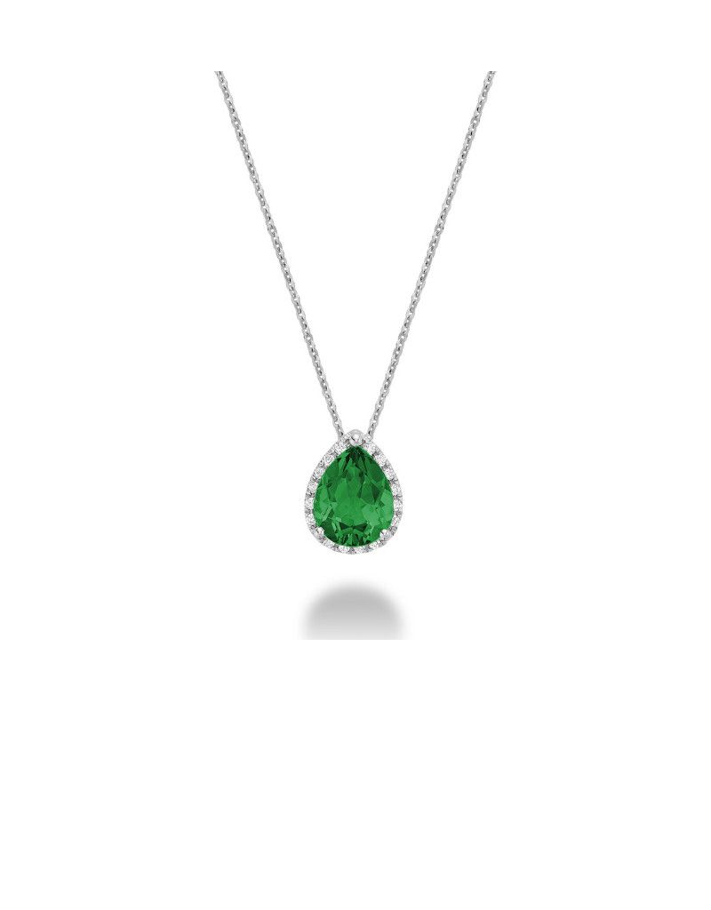 Gemstone diamaond pendant, Pierres précieusess: Emeraude Smulé Smulated Emerald, Coulure Or: Blanc White