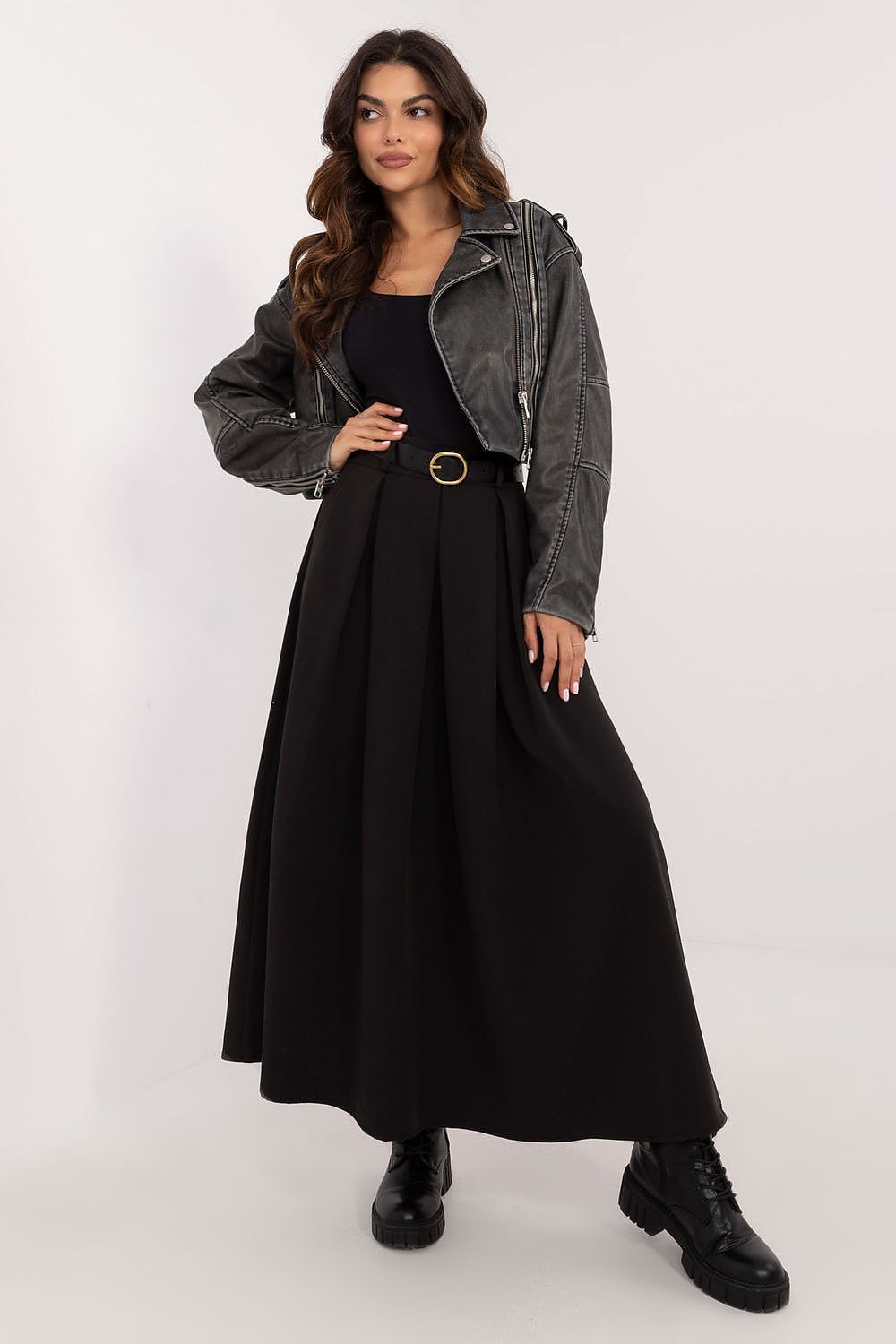 Elegancka rozkloszowana spódnica maxi, długa - czarna
