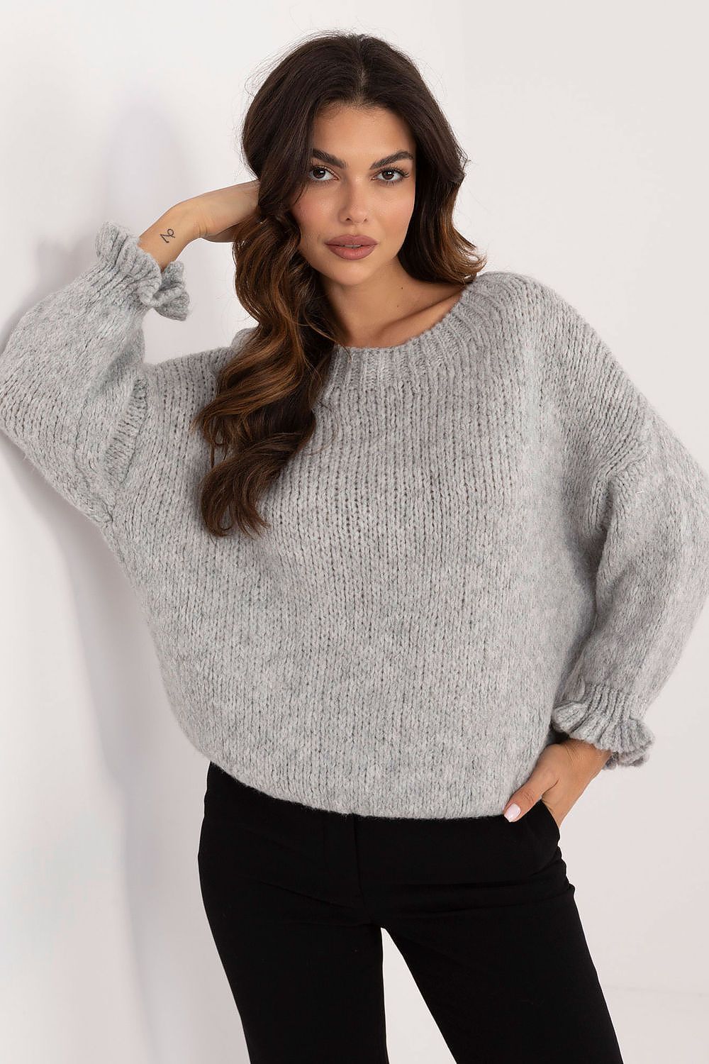Casualowy Sweter z Falbanami - szary