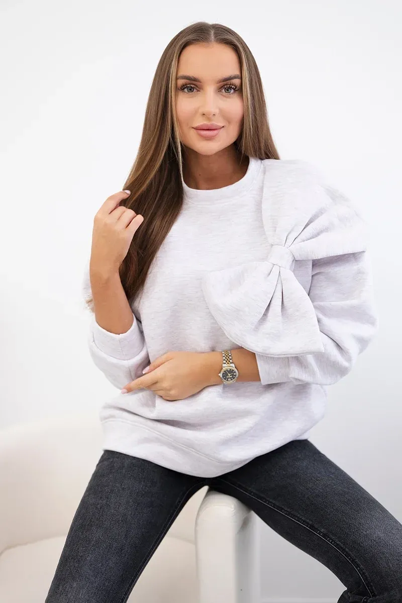 Bluza ocieplana z dużą kokardą - beżowy melanż i czarna