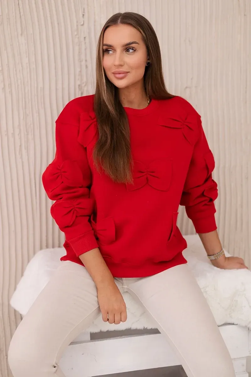 Bluza ocieplana ze ściągaczem i ozdobnymi kokardami - czerwona