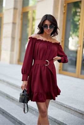 Sukienka Trapezowa , Elegancka,  Dzienna  - bordo Rozmiar S/M