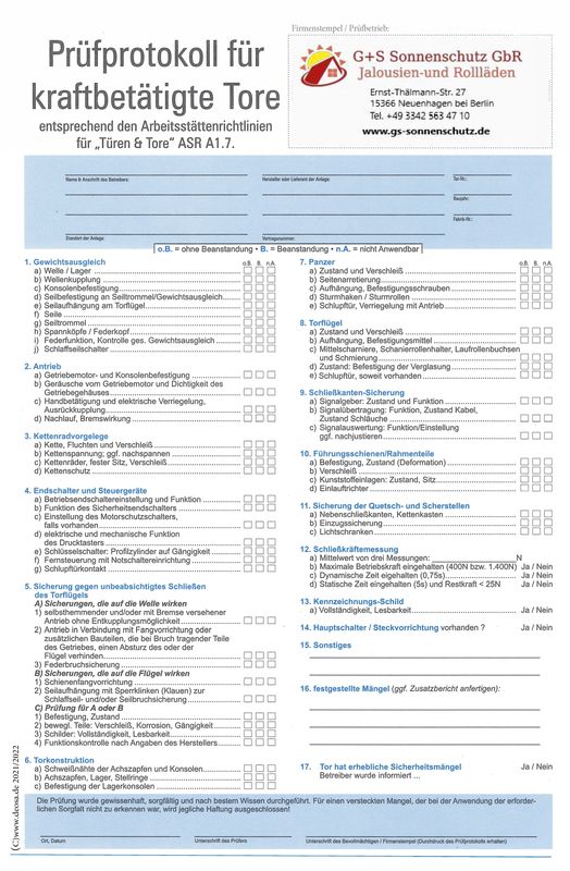 Prüfprotokoll für kraftbetätigte Türen & Tore nach ASR A1.7 Prüfprotokoll für kraftbetätigte Türen & Tore nach ASR A1.7