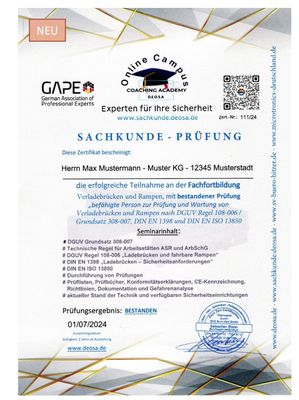 Sachkunde Verladebrücken - Befähigungsnachweis mit Zertifikat